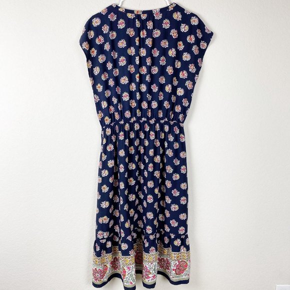 LOFT Navy Blue Floral Drawstring Midi Dress M - Picture 3 of 8